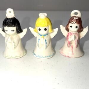 Vintage Ceramic Hand Painted Christmas Angel Bell Ornaments 3pcs